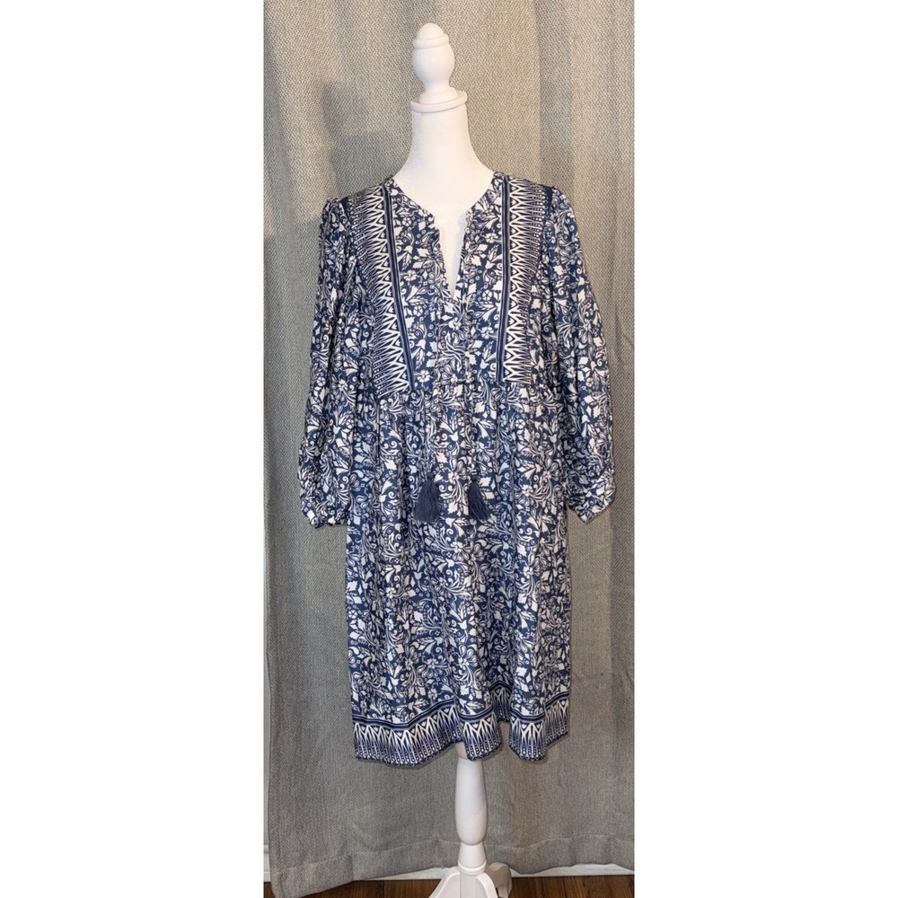 Tyler Boe Janet Mini Dress Women's Size Large Blue White Floral Swing Boho NWT